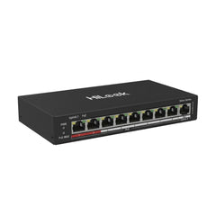Front perspective of the Hikvision 8-port unmanaged Fast Ethernet PoE switch, showing its compact dark-grey industrial metal enclosure and status indicator LEDs.