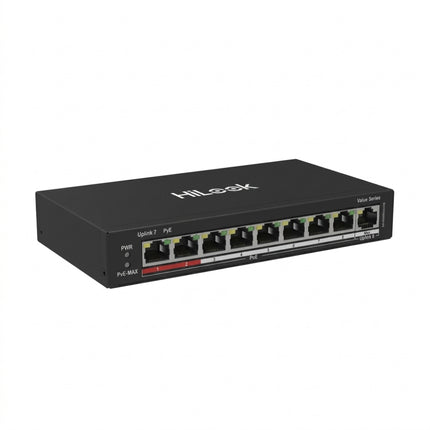 Front perspective of the Hikvision 8-port unmanaged Fast Ethernet PoE switch, showing its compact dark-grey industrial metal enclosure and status indicator LEDs.