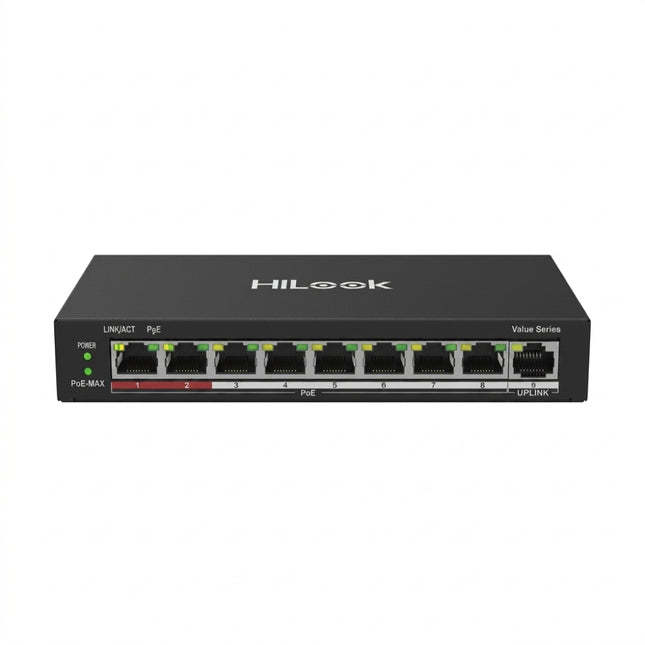 Front panel interface layout showcasing the eight 10/100 Mbps downstream PoE ports alongside dedicated unpowered network uplink ports for secure NVR data routing.