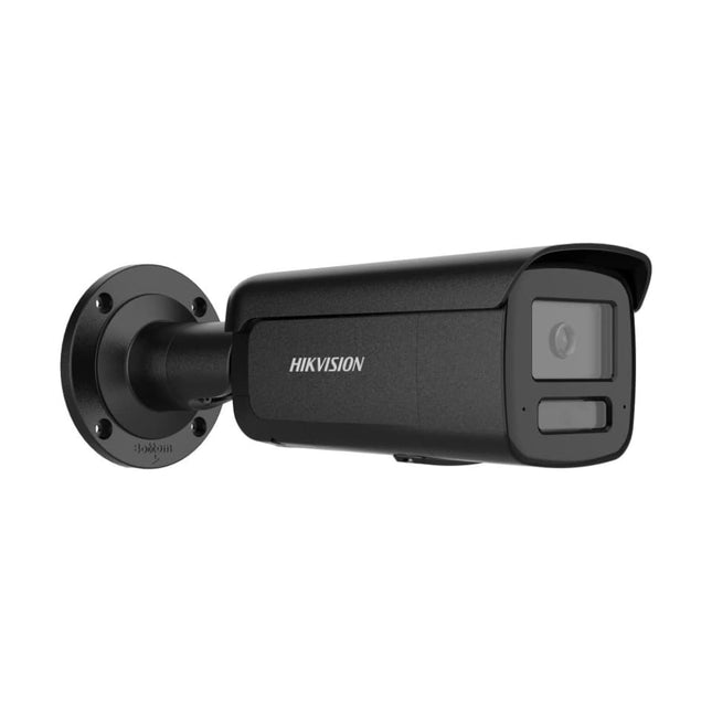 Hikvision DS-2CD2T87G3-LIS2UY/SL-BLK 8MP 4K ColorVu Smart Hybrid Light Live-Guard bullet camera in black finish, side view showing 60m IR and white light illuminator array