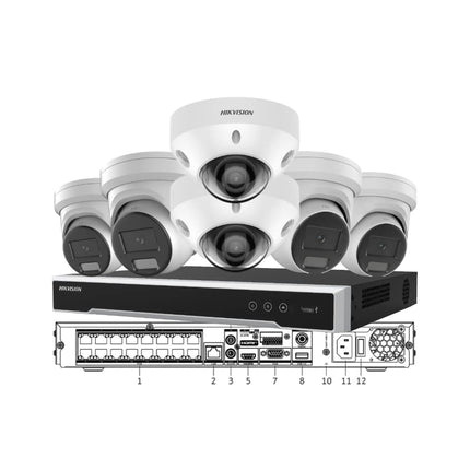 Professional Hikvision 4K Business Security Kit featuring a 16-Channel M-Series NVR, 2x Active Deterrence Turrets, 2x Audio Turrets, and 2x IK10 Vandal-Proof Mini Domes