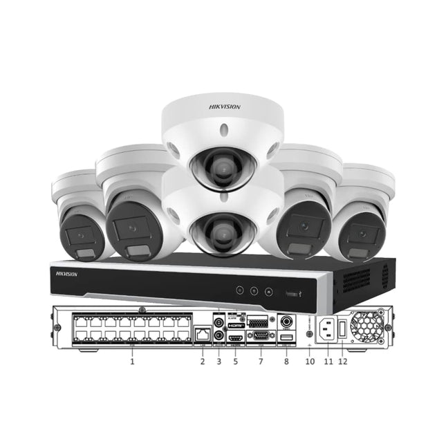 Professional Hikvision 4K Business Security Kit featuring a 16-Channel M-Series NVR, 2x Active Deterrence Turrets, 2x Audio Turrets, and 2x IK10 Vandal-Proof Mini Domes