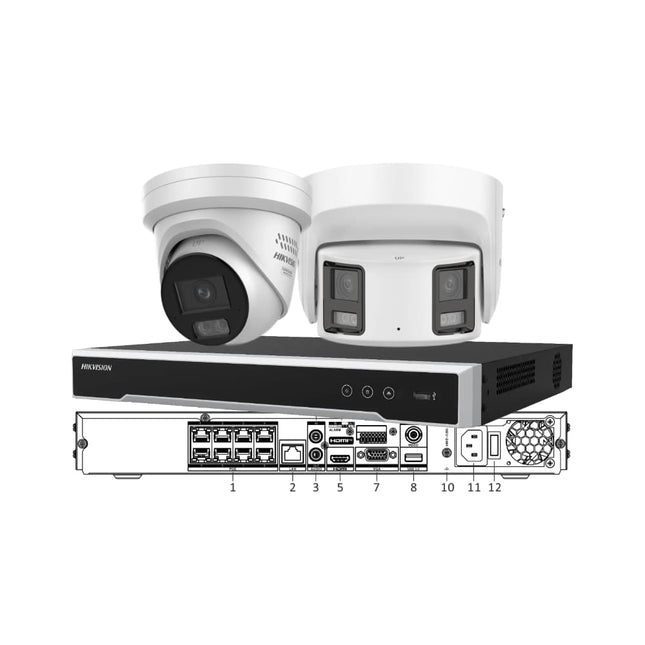 Hikvision security bundle featuring 1x 8MP 180 degree Panoramic camera, 1x 8MP ColorVu 3.0 Smart Hybrid turret camera, and an 8-Channel 4K PoE NVR for home security expansion