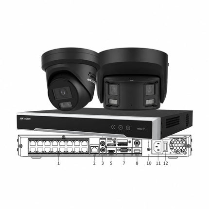 Hikvision 8MP Zero Blind Spot CCTV kit in black with 16-channel DS-7616NI-M2/16P PoE NVR — 180° panoramic ColorVu turret and ColorVu 3.0 Live-Guard turret