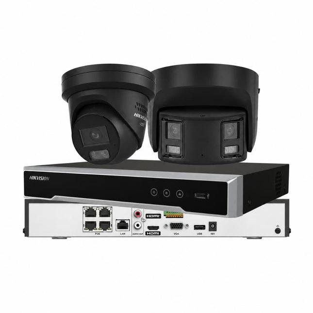 Hikvision 8MP Zero Blind Spot CCTV kit in black with 4-channel DS-7604NI-M1/4P PoE NVR — 180° panoramic ColorVu turret and ColorVu 3.0 Live-Guard turret