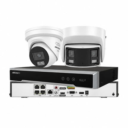 Hikvision 8MP Zero Blind Spot CCTV kit in white with 4-channel DS-7604NI-M1/4P PoE NVR — 180° panoramic ColorVu turret and ColorVu 3.0 Live-Guard turret