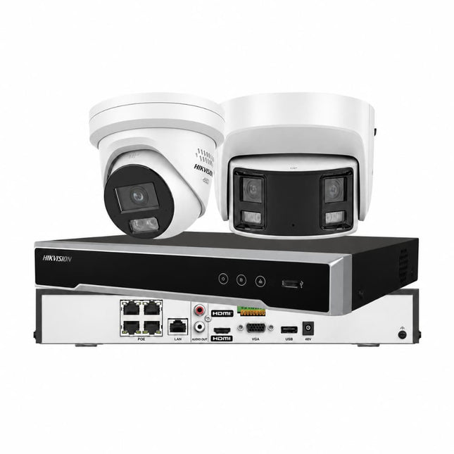 Hikvision 8MP Zero Blind Spot CCTV kit in white with 4-channel DS-7604NI-M1/4P PoE NVR — 180° panoramic ColorVu turret and ColorVu 3.0 Live-Guard turret