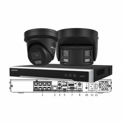 Hikvision 8MP Zero Blind Spot starter kit in black — 180° panoramic ColorVu turret and ColorVu 3.0 Live-Guard turret with 8CH or 16CH PoE NVR
