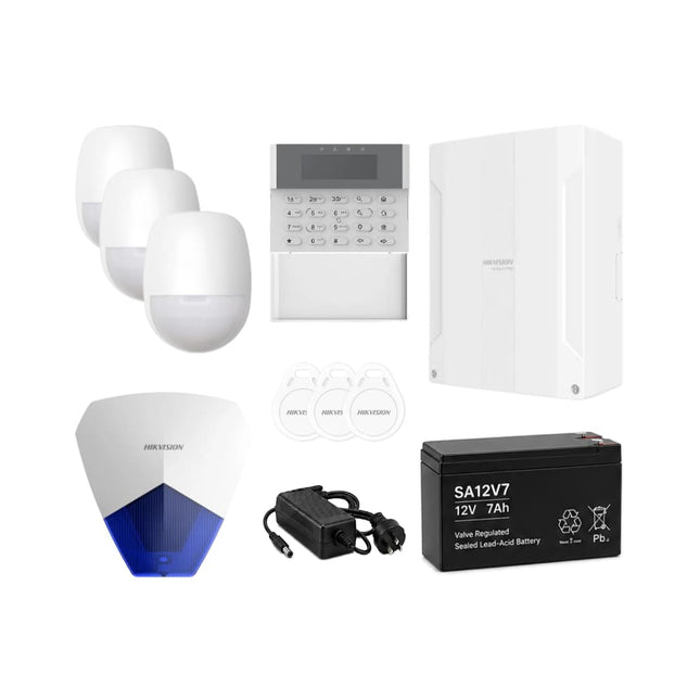 Hikvision AX Hybrid Pro alarm kit with 3 PIR sensors, keypad, siren, battery and PSU
