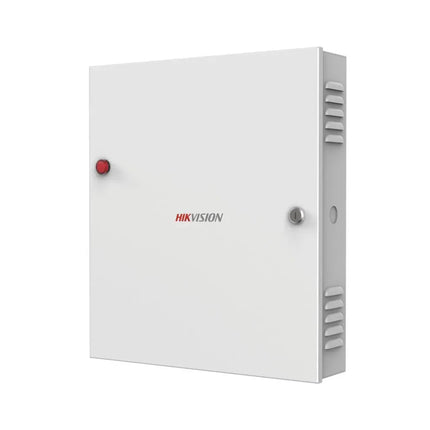 Front view of the Hikvision AXS-K2602-G Pro Series 2-door network access controller housed in a durable metal wall-mount security cabinet.