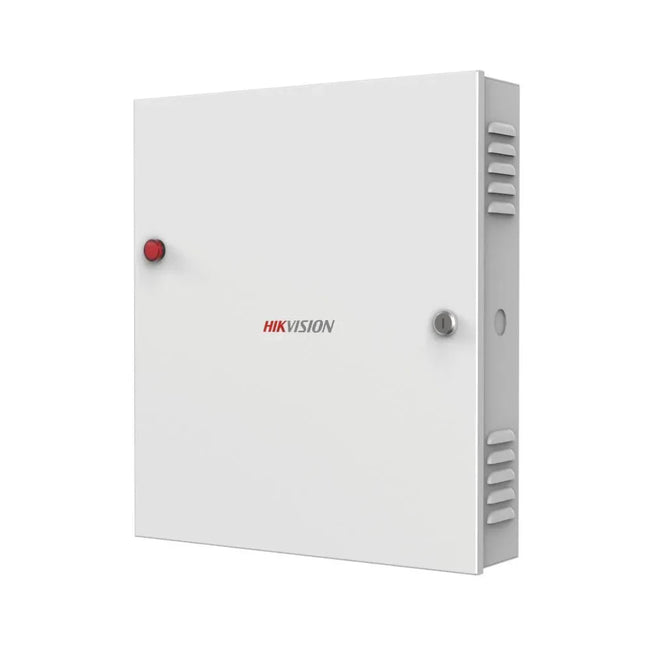 Front view of the Hikvision AXS-K2602-G Pro Series 2-door network access controller housed in a durable metal wall-mount security cabinet.