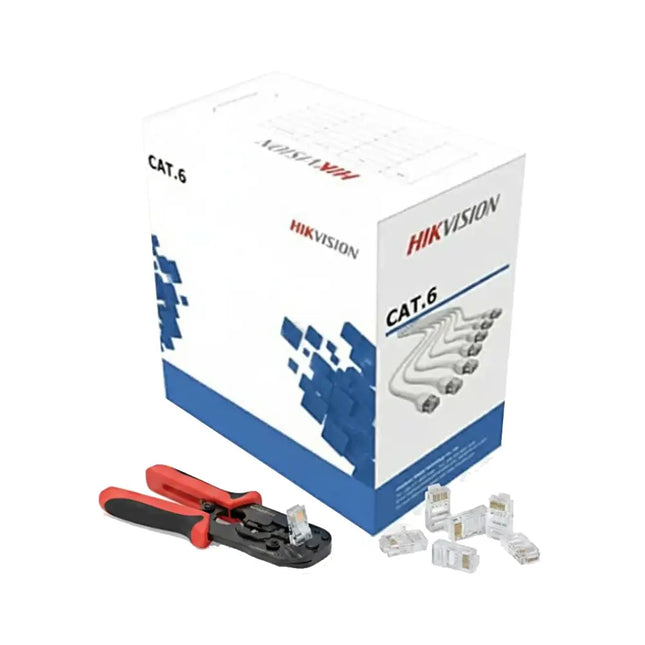Hikvision 305m CAT6 network cable pull box bundled with pass-through RJ45 connectors and crimping termination tool.