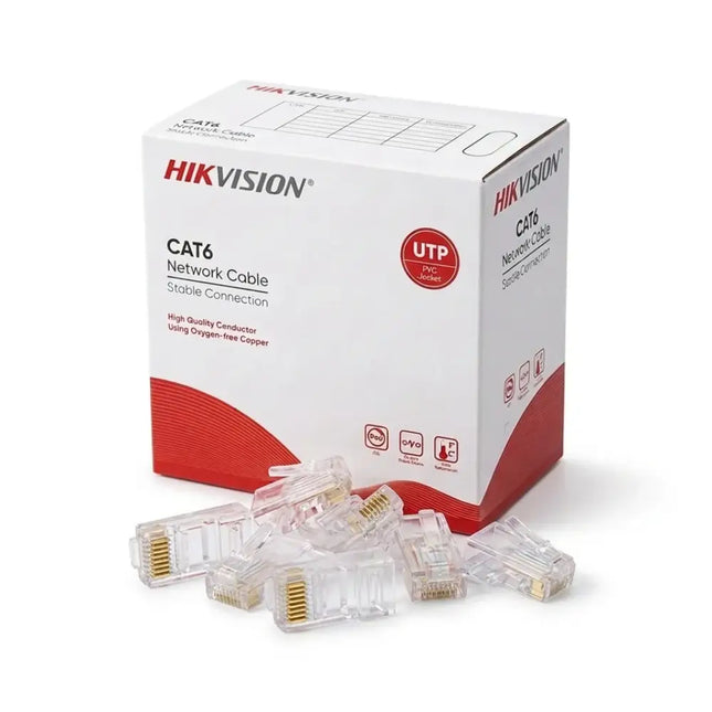 Hikvision CAT6 305m network cable pull box bundled together with a pack of RJ45 modular connector plugs.