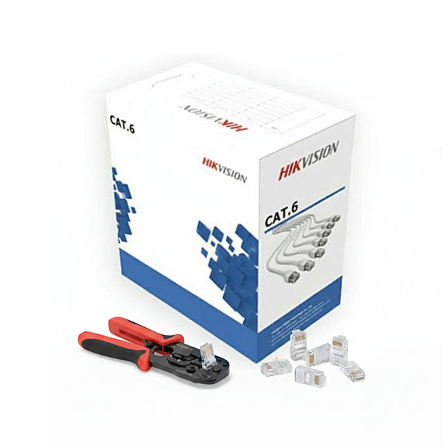 Hikvision 305m CAT6 Cable Box with 100pk Pass-Through RJ45 Plugs and Neptune Crimp Tool.