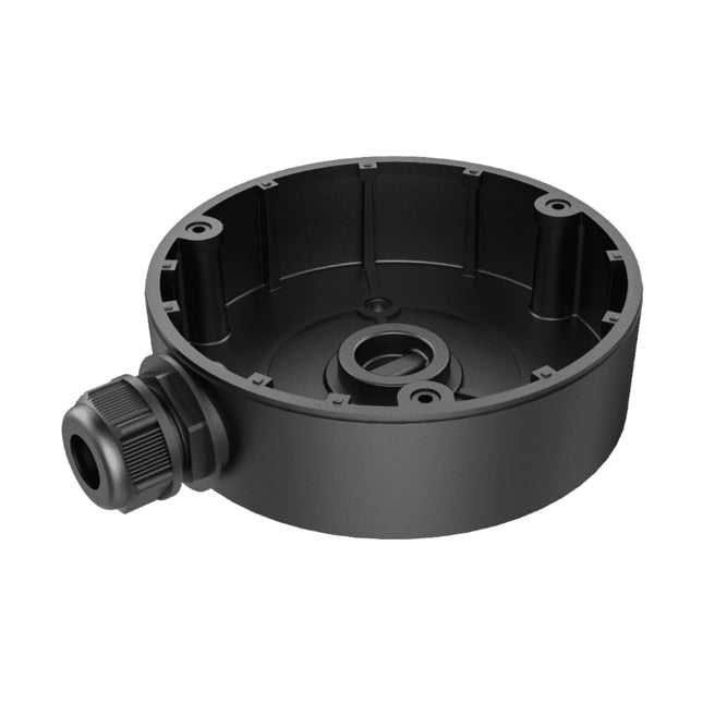 Open view of Hikvision DS-1280ZJ-DM8 junction box showing internal wiring cavity and rubber weatherproof sealing gasket.