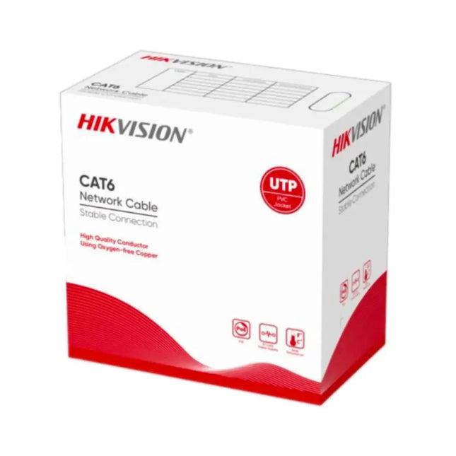 Hikvision DS-1LN6UZC0 305m yellow CAT6 U/UTP solid copper network cable pull box packaging.