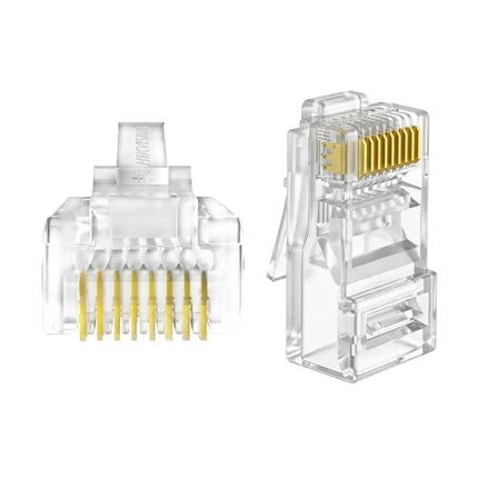 Hikvision DS-1M6UA-30U-100 pack of 100 clear CAT6 unshielded RJ45 modular connector plugs.
