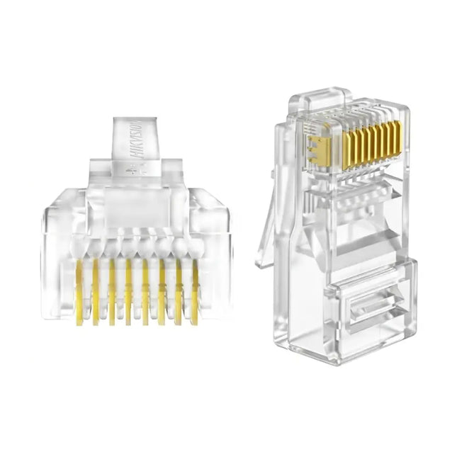 Hikvision DS-1M6UA-30U-100 pack of 100 clear CAT6 unshielded RJ45 modular connector plugs.