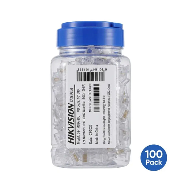 Sealed 100-piece pack of Hikvision DS-1M6UA-30U-100 CAT6 RJ45 modular connectors in original branded packaging.