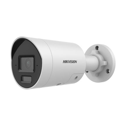 Front angle view of the HIKVISION DS-2CD2066G2H-I2U/SL 6MP DarkFighter active deterrence mini bullet camera showcasing dual mics and strobe light LEDs.