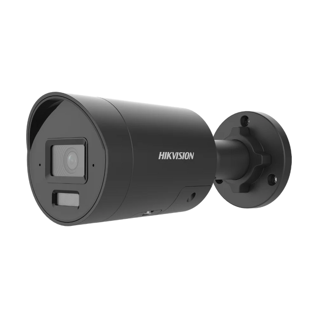 Hikvision DS-2CD2086G2H-I2U/SL-BLK — 8MP 4K ColorVu Live-Guard bullet camera in black housing with 2.8mm F1.0 super-aperture lens, Smart Hybrid Light array (white LED + 850nm IR), integrated white strobe deterrent and built-in microphone + speaker for two-way audio, IP67-rated black finish designed to blend with dark eaves, black cladding and tinted-glass facades on Australian commercial installs