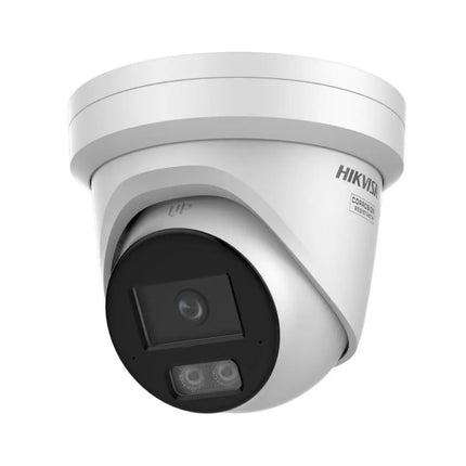 HIKVISION DS-2CD2387G3-LIS2UY/SRB 8MP Smart Hybrid Light ColorVu turret IP camera front view with dual IR and white light LEDs.
