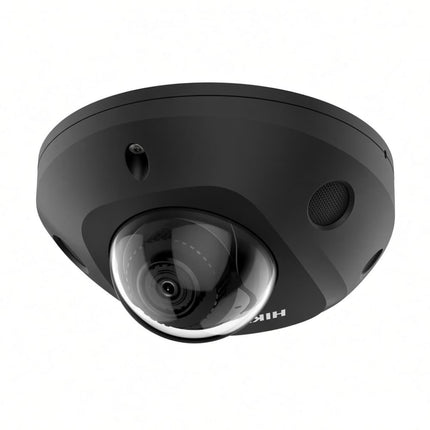 Hikvision DS-2CD2566G2-I-BLK 6MP AcuSense mini dome network camera in black finish with built-in microphone and 30m Smart IR, front view.