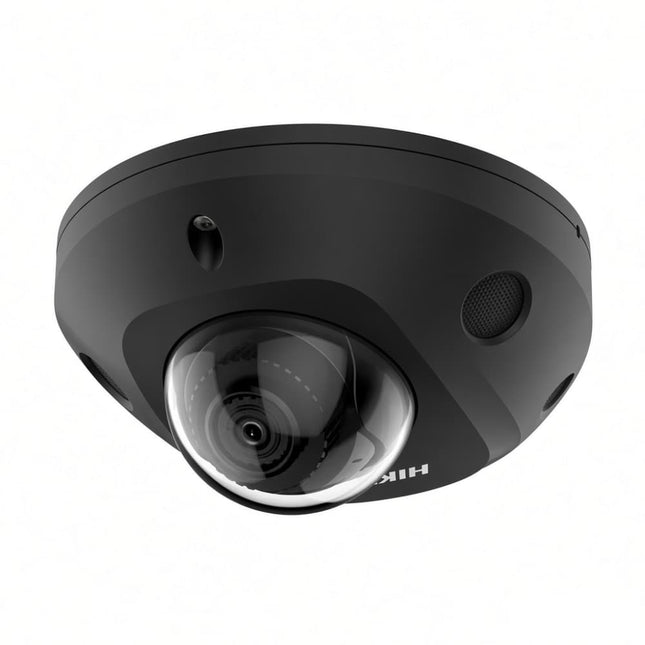 Hikvision DS-2CD2566G2-I-BLK 6MP AcuSense mini dome network camera in black finish with built-in microphone and 30m Smart IR, front view.