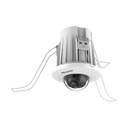 Front angled perspective of the ultra-compact HIKVISION DS-2CD2E43G2-U 4MP in-ceiling recessed dome IP camera with integrated flush-mounting spring clips.