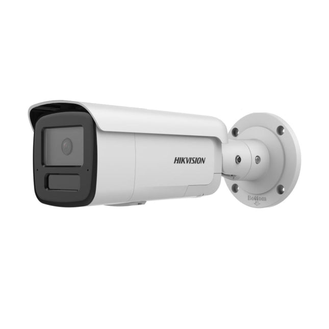 Front angle view of the HIKVISION DS-2CD2T66G2H-IS2U/SL 6MP DarkFighter long-range bullet camera featuring active deterrence strobe lights and dual microphones.