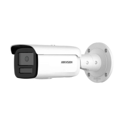 Front angle view of the HIKVISION DS-2CD2T86G2H-IS2U/SL 8MP 4K DarkFighter extended-range bullet camera featuring active deterrence strobe lights and dual microphones.