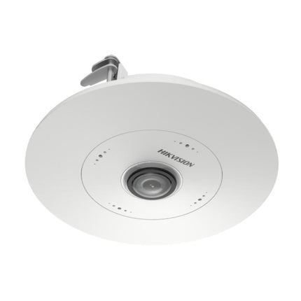Hikvision DS-2CD6365G1-S/RC 6MP fisheye camera mounted flush in commercial ceiling