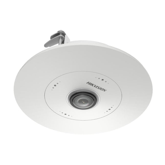 Hikvision DS-2CD6365G1-S/RC 6MP fisheye camera mounted flush in commercial ceiling