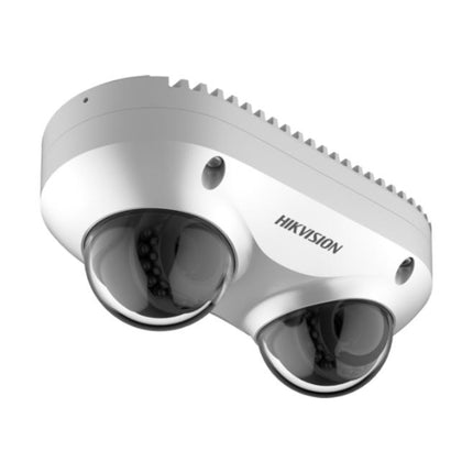 Hikvision DS-2CD6D42G2-I/S dual-lens multi-sensor camera installed on a hallway corner monitoring two corridors simultaneously.