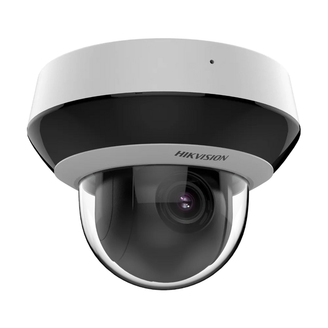 Hikvision Value Series DS-2DE2A404IWG1-E mini PTZ installed on Australian shopfront eave — compact 560g body with built-in microphone and speaker for two-way audio, plug-and-play PoE 802.3af