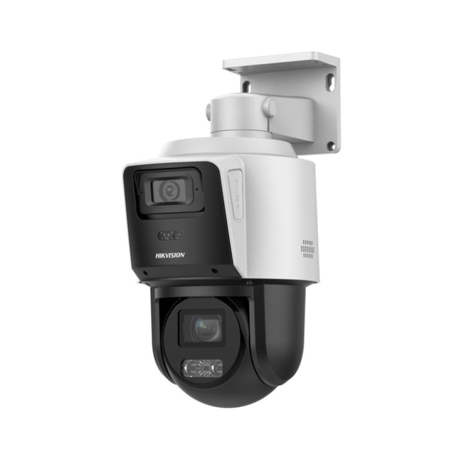 HIKVISION DS-2SE3C404MWG-E/14 4MP TandemVu PTZ Camera showing dual panoramic ColorVu lens and pan-tilt-zoom dome assembly.