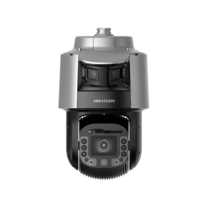 Hikvision DS-2SF8C442MXG1-ELWY/26 TandemVu dual-sensor PTZ speed dome — front view showing 6MP panoramic bullet above 4MP 42× DarkFighter 2.0 PTZ housing