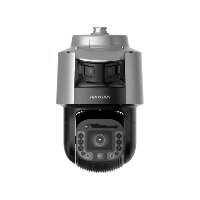 Hikvision DS-2SF8C442MXG1-ELWY/26 TandemVu dual-sensor PTZ speed dome — front view showing 6MP panoramic bullet above 4MP 42× DarkFighter 2.0 PTZ housing