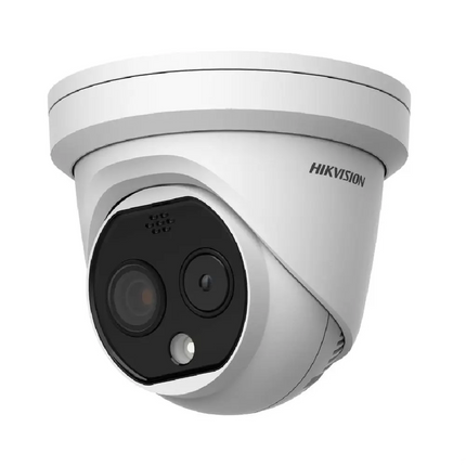 Hikvision DS-2TD1228-7/QA HeatPro Thermal and Optical Bi-spectrum network turret camera front view.