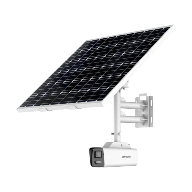 ALT Text: Hikvision 8MP ColorVu solar-powered 4G outdoor bullet security camera with integrated solar panel and mounting bracket.