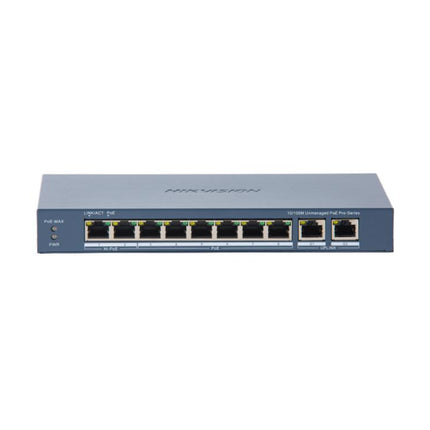 HIKVISION DS-3E0310HP-E(C) 8-Port Fast Ethernet Unmanaged Hi-PoE Switch front panel showing 8 PoE ports and 2 Gigabit uplink ports.