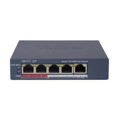 Front perspective of the Hikvision DS-3E1105P-EI smart managed Fast Ethernet PoE switch, showing its compact grey metal casing and front status indicator lights.