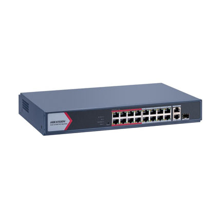 Front view of the Hikvision DS-3E1318P-EI smart managed switch highlighting 16 Fast Ethernet 10/100 Mbps PoE ports alongside 2 high-speed Gigabit SFP and RJ45 combo uplink ports.