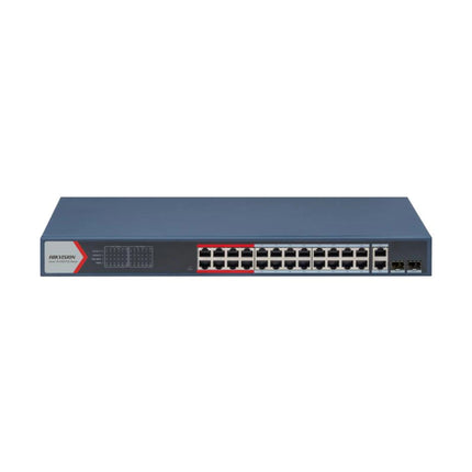 Front view of the Hikvision DS-3E1326P-EI 24-port smart managed PoE switch showcasing the interface console, status LEDs, and metallic black housing.