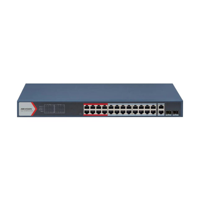 Front view of the Hikvision DS-3E1326P-EI 24-port smart managed PoE switch showcasing the interface console, status LEDs, and metallic black housing.