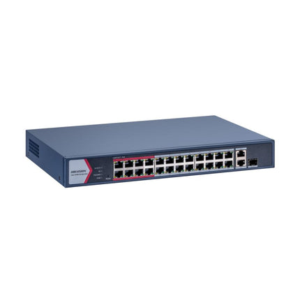 Close-up of the 24 RJ45 PoE ports and dual combo Gigabit uplink ports on the Hikvision DS-3E1326P-EI network switch.