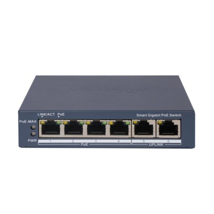 HIKVISION DS-3E1506P-EI 4-Port Gigabit Smart Managed PoE Switch front panel displaying 4 PoE ports and 2 Gigabit uplink ports.