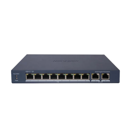 Front view of Hikvision DS-3E1510P-EI Smart Managed Switch featuring 8 Gigabit PoE ports, 2 Gigabit RJ45 uplink ports, and LED indicators for PoE power status and link activity.