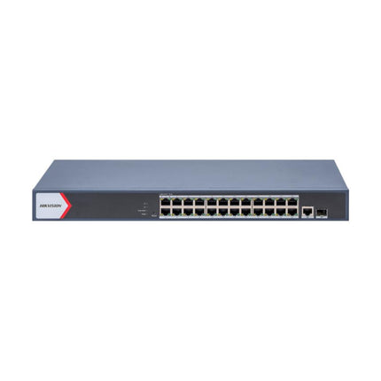 HIKVISION DS-3E1526P-EI 24-Port Gigabit Smart Managed PoE Switch front panel displaying 24 Gigabit PoE ports, Gigabit RJ45 uplink, and SFP optical port.