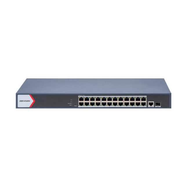 HIKVISION DS-3E1526P-EI 24-Port Gigabit Smart Managed PoE Switch front panel displaying 24 Gigabit PoE ports, Gigabit RJ45 uplink, and SFP optical port.